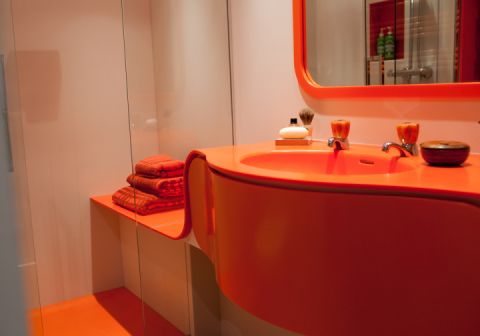 Curved Coloured Vanity Unit with integral Shower Seat